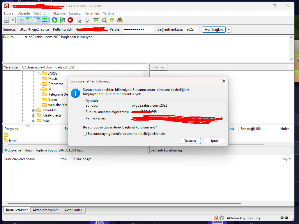 Filezilla Güvenlik Uyarısı