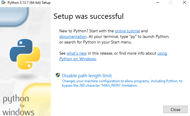 Python Kurulum Başarılı