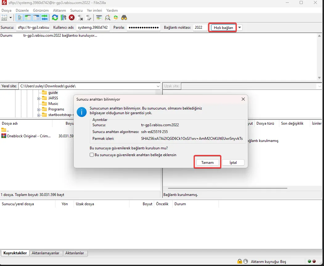Filezilla Güvenlik Uyarısı
