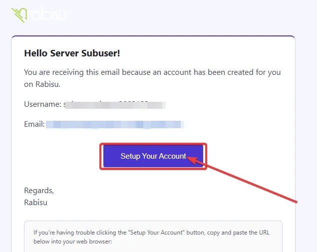 E-posta içeriği ve Setup Your Account butonu