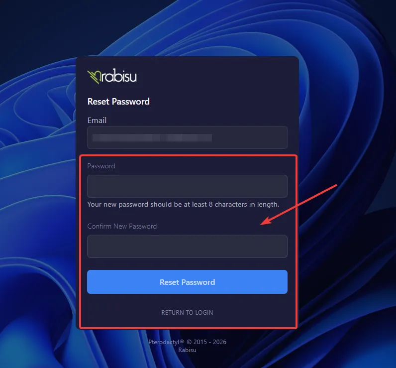 Reset Password ekranı